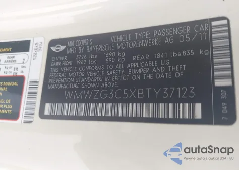 2011 Mini Cooper S Clubman z USA, uszkodzony, nr VIN WMWZG3C5XBTY37123